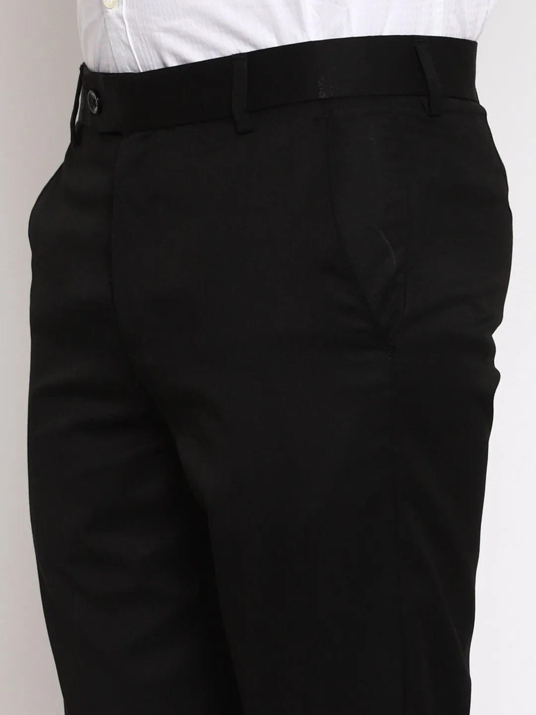 AmericanElm Men's Black Solid Slim Fit stretchable Formal Trouser