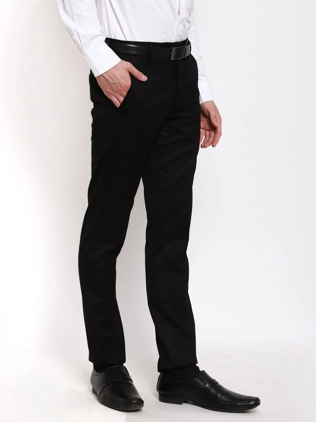 AmericanElm Men's Black Solid Slim Fit stretchable Formal Trouser