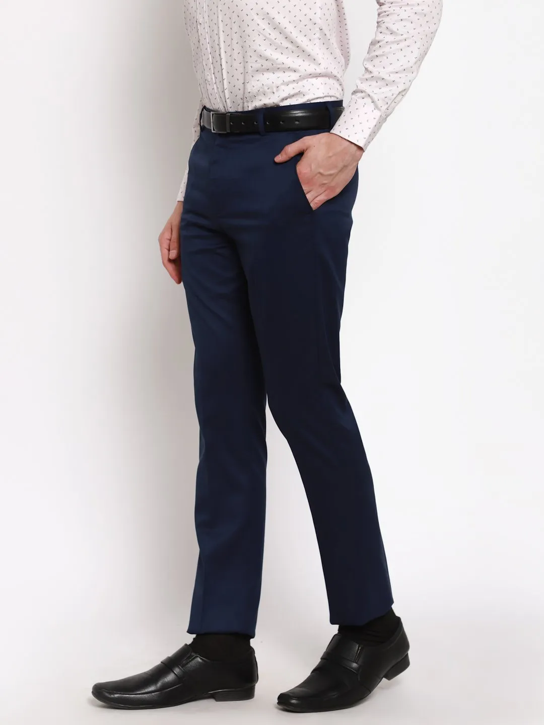 AmericanElm Men's Navy Blue Solid Slim Fit stretchable Formal Trouser