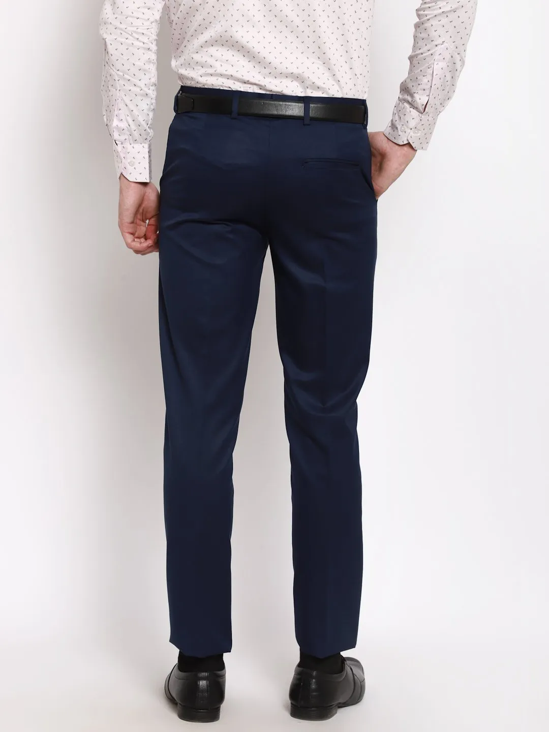 AmericanElm Men's Navy Blue Solid Slim Fit stretchable Formal Trouser