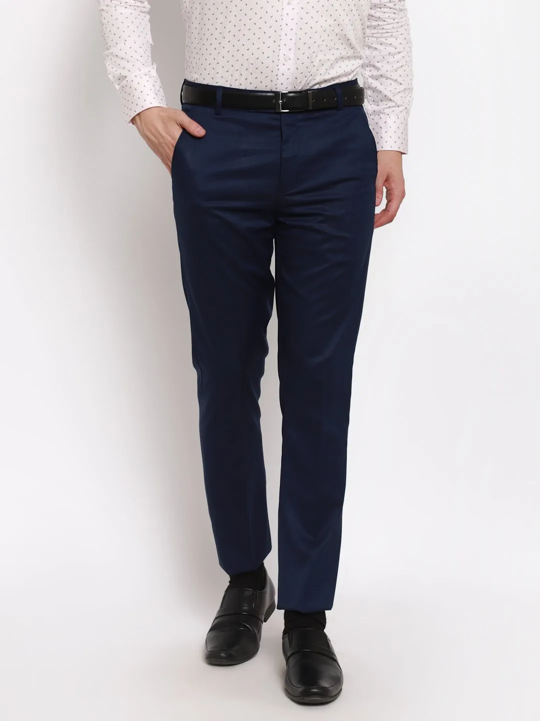 AmericanElm Men's Navy Blue Solid Slim Fit stretchable Formal Trouser