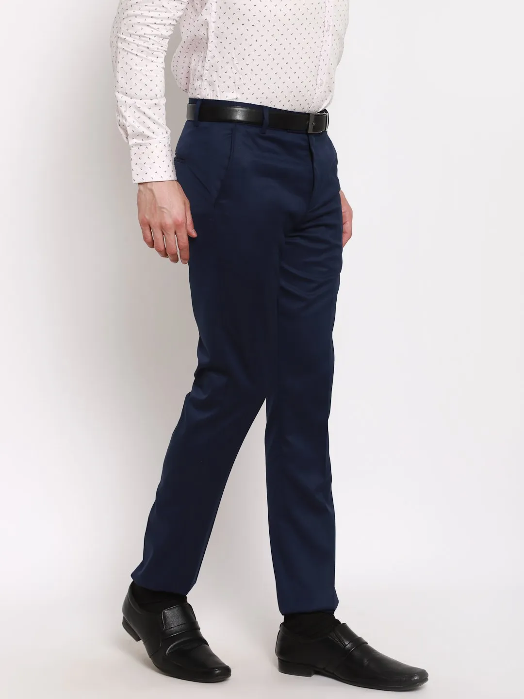 AmericanElm Men's Navy Blue Solid Slim Fit stretchable Formal Trouser