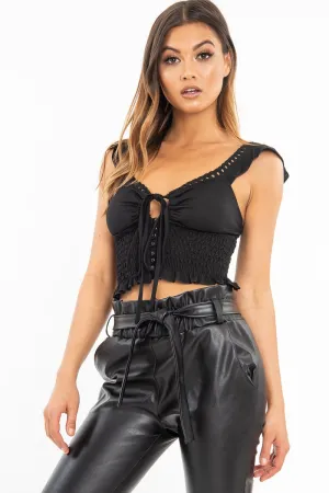 Black Ruched Button Tie Up Padded Bra Crop Top - Aden