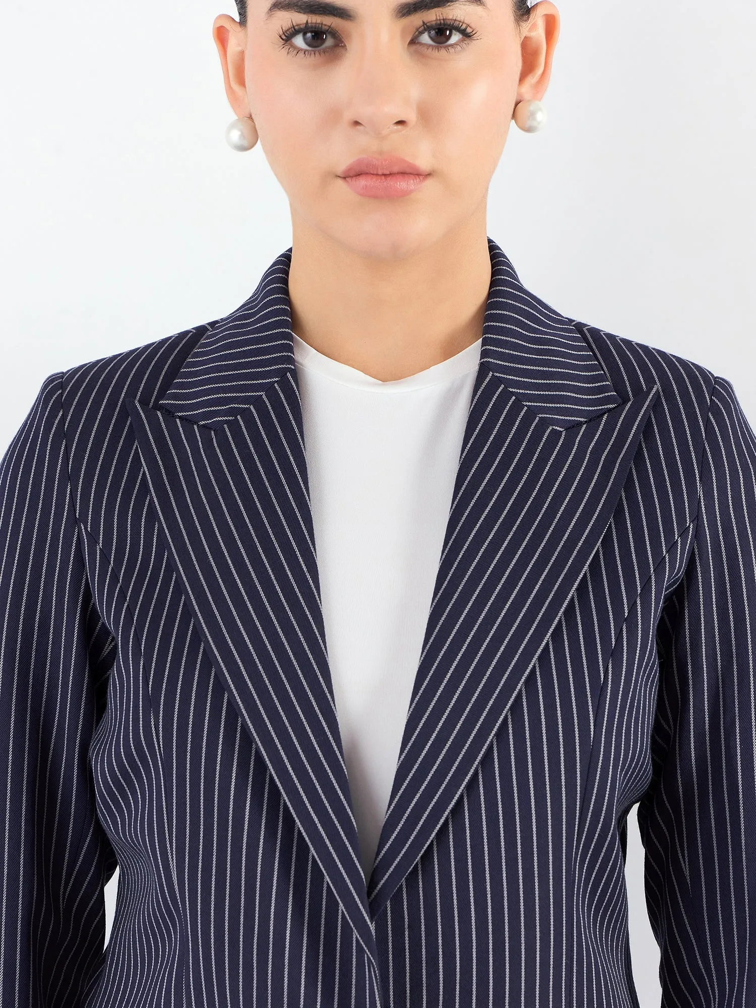 Blue-Striped Asymmetric Blazer With Tailored Elasticated Fit Trouser