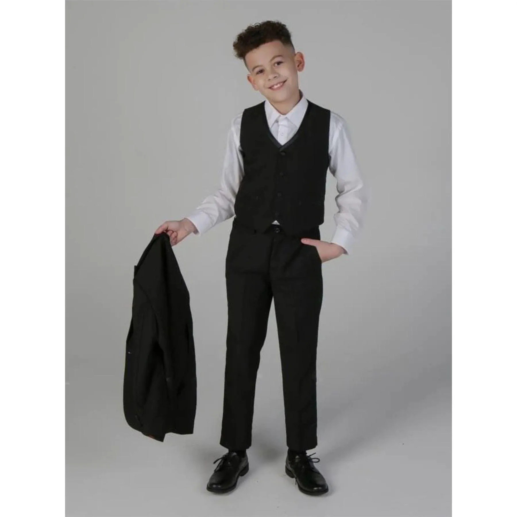 Boys 3 Piece Black Classic Satin Tuxedo Dinner Suit Wedding