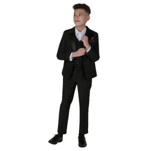 Boys 3 Piece Black Classic Satin Tuxedo Dinner Suit Wedding