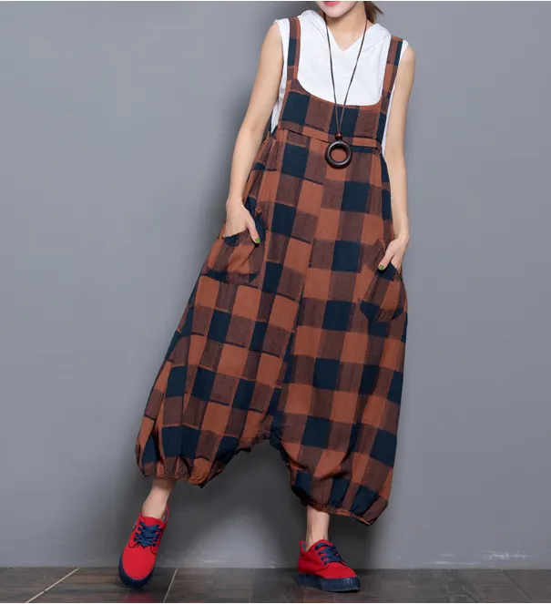 Checked Denim Casual Spring Denim Overall Plaid Women Jumpsuits QY07