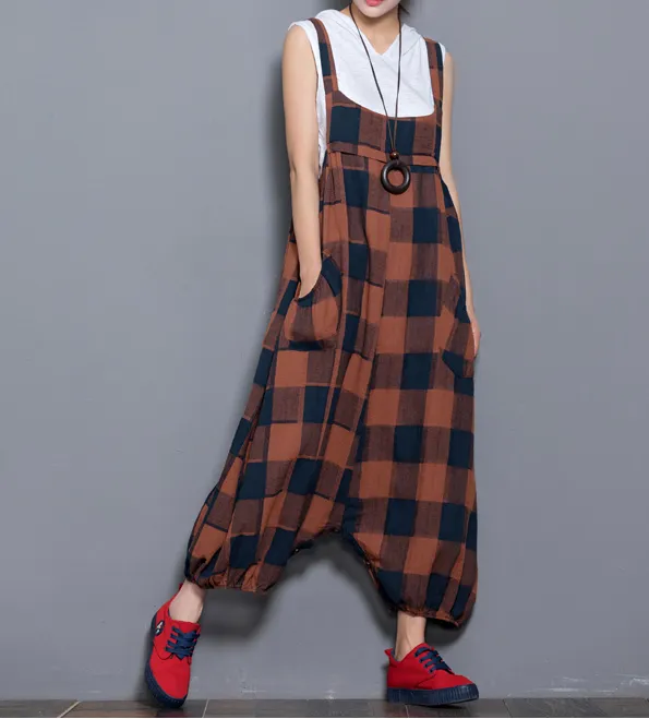 Checked Denim Casual Spring Denim Overall Plaid Women Jumpsuits QY07