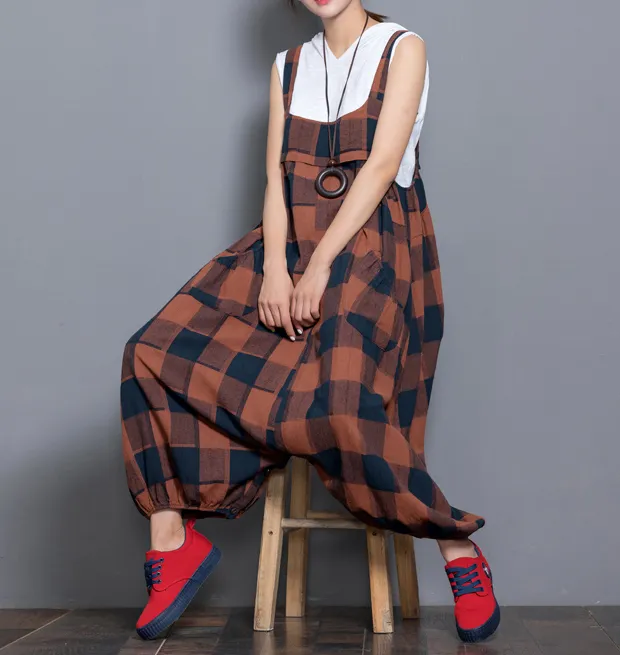 Checked Denim Casual Spring Denim Overall Plaid Women Jumpsuits QY07