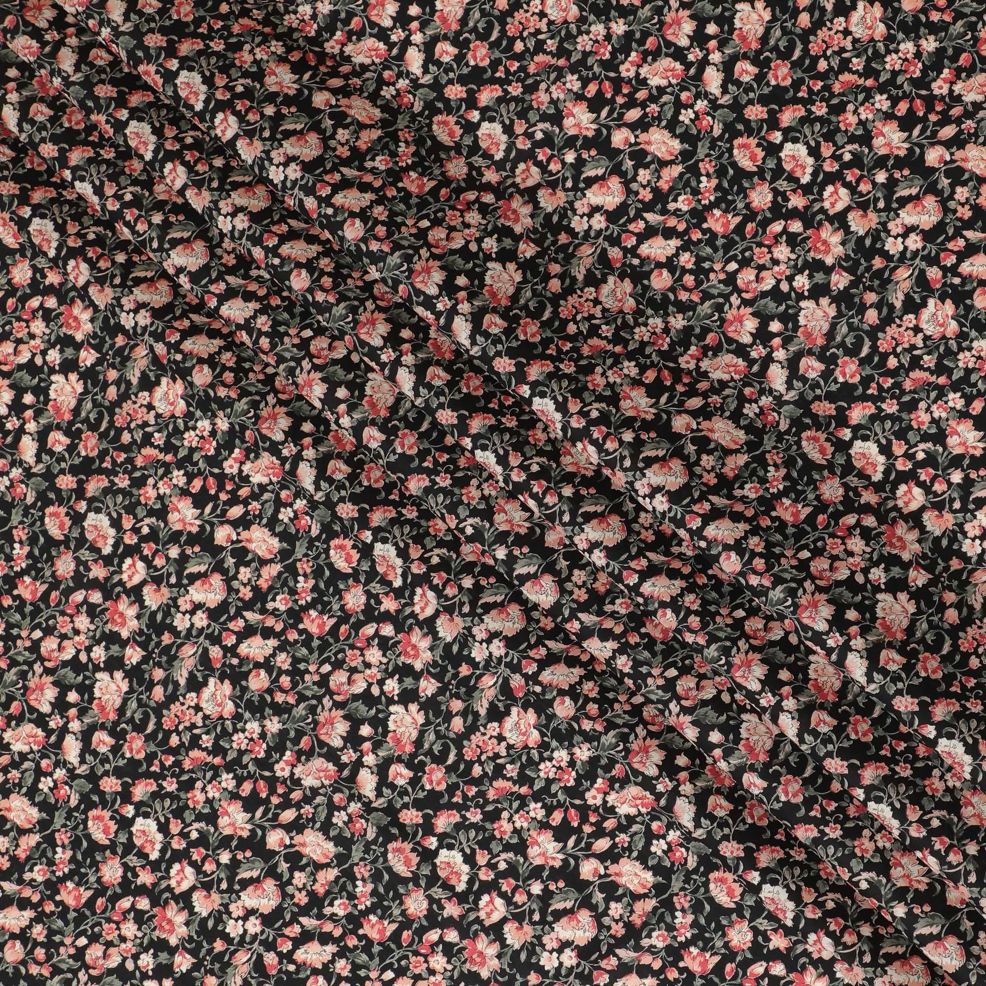 Chic Black Floral Cotton Lawn Fabric with Pink and Coral Blossoms, 110 cm Wide, Japanese Design-D19550