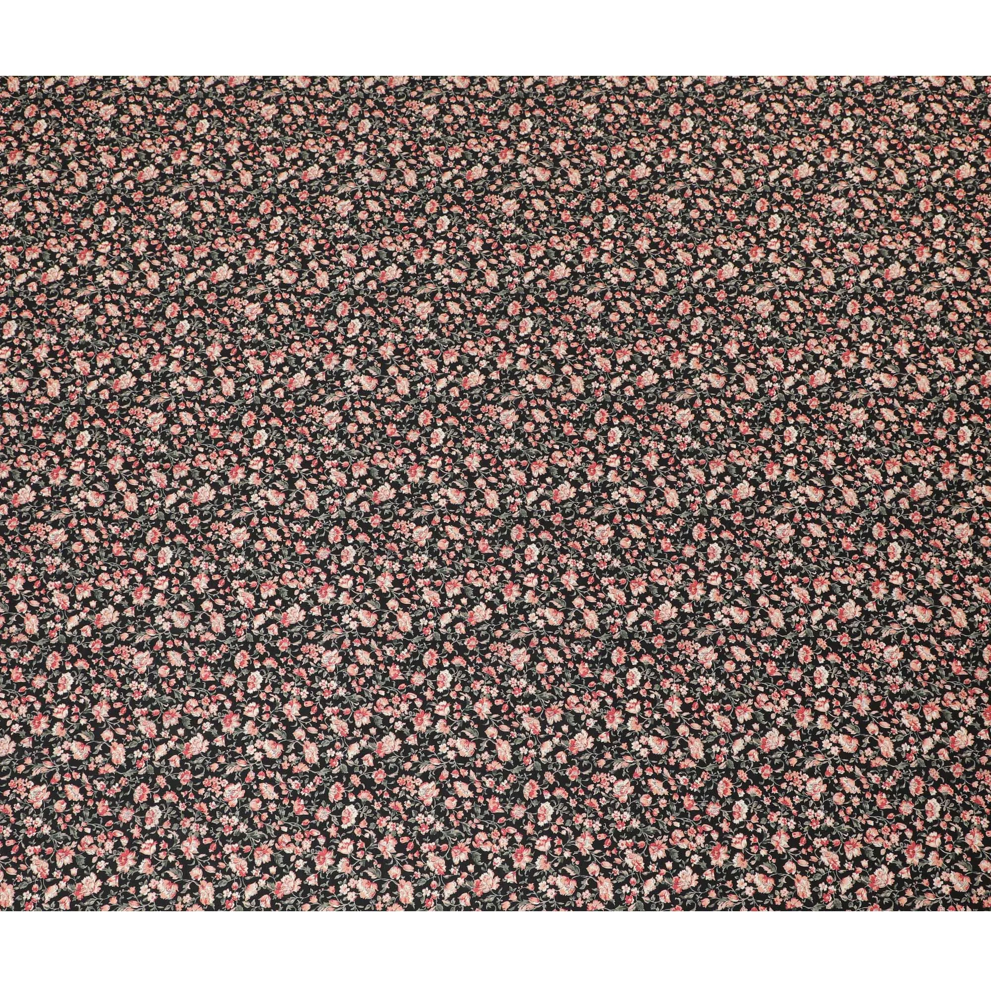 Chic Black Floral Cotton Lawn Fabric with Pink and Coral Blossoms, 110 cm Wide, Japanese Design-D19550