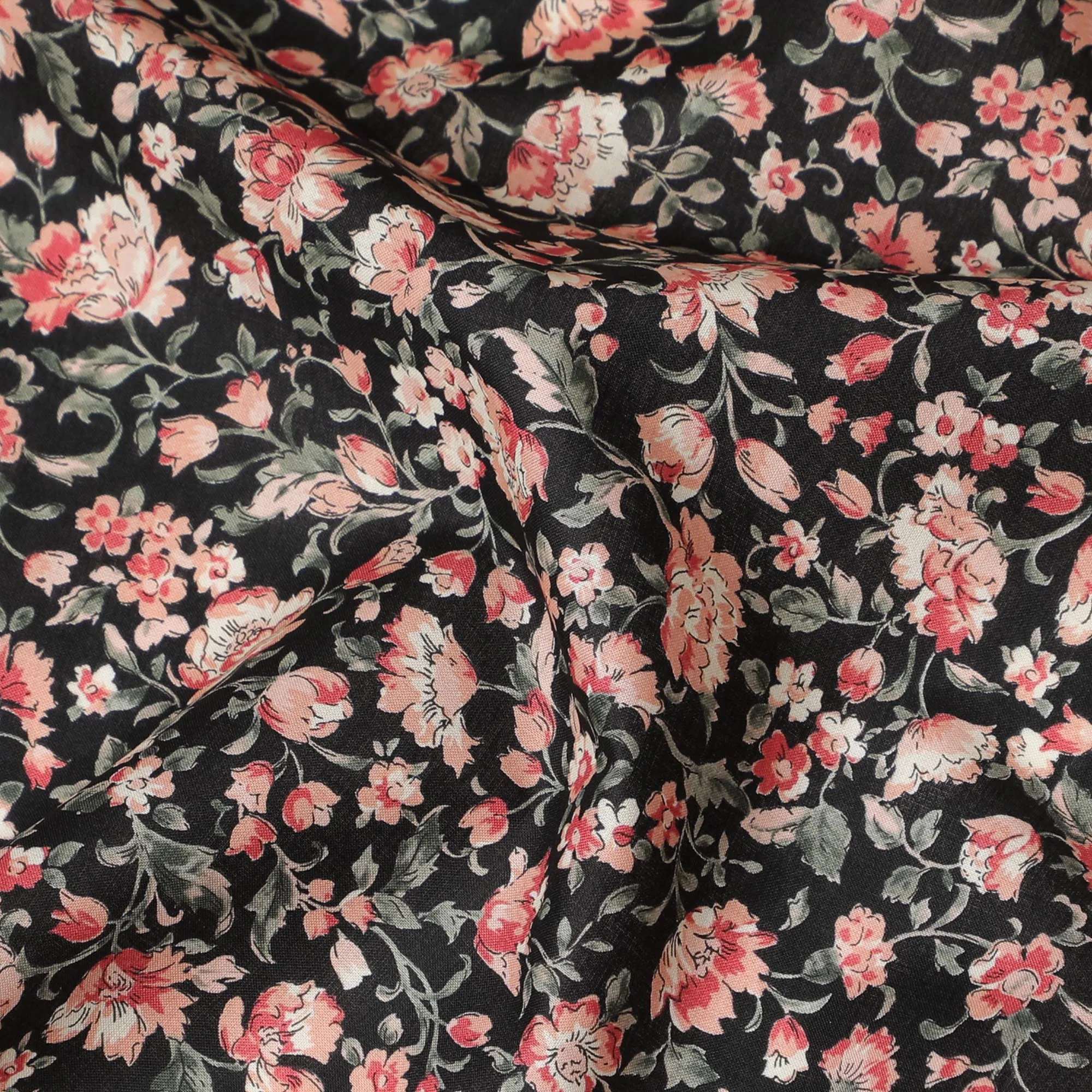 Chic Black Floral Cotton Lawn Fabric with Pink and Coral Blossoms, 110 cm Wide, Japanese Design-D19550