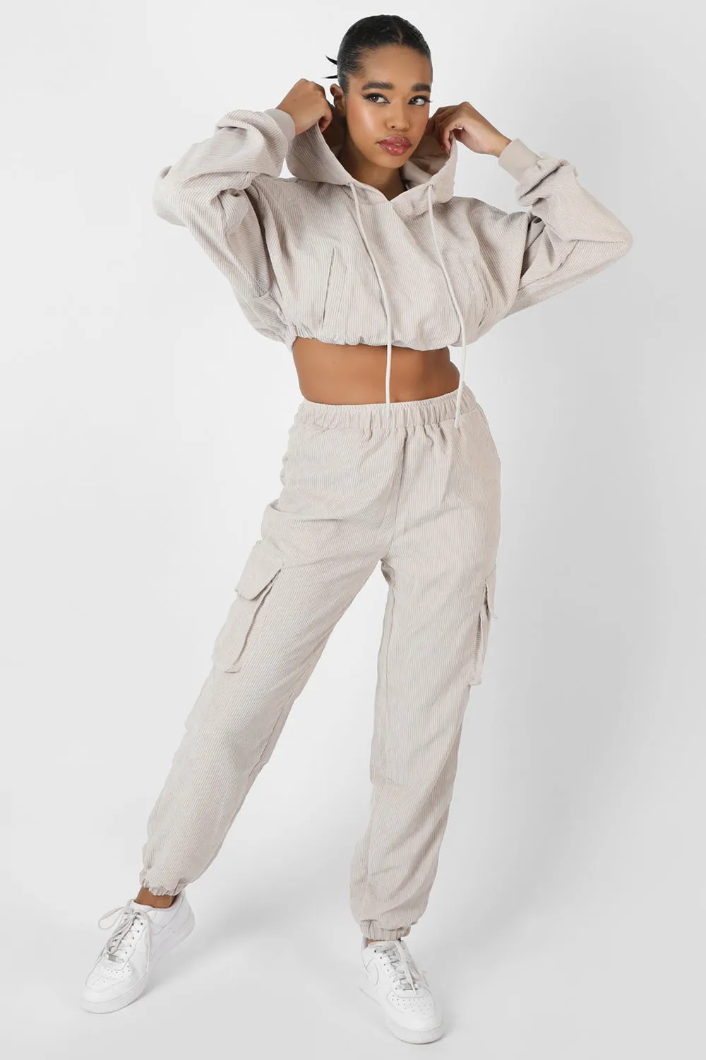 Cord Cropped Hoodie Ecru