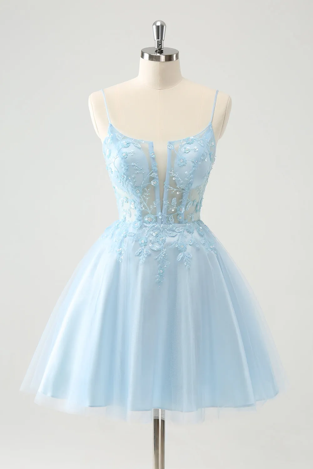 Cute Blue Floral A Line Tulle Beaded Corset Mini Dress with Appliques