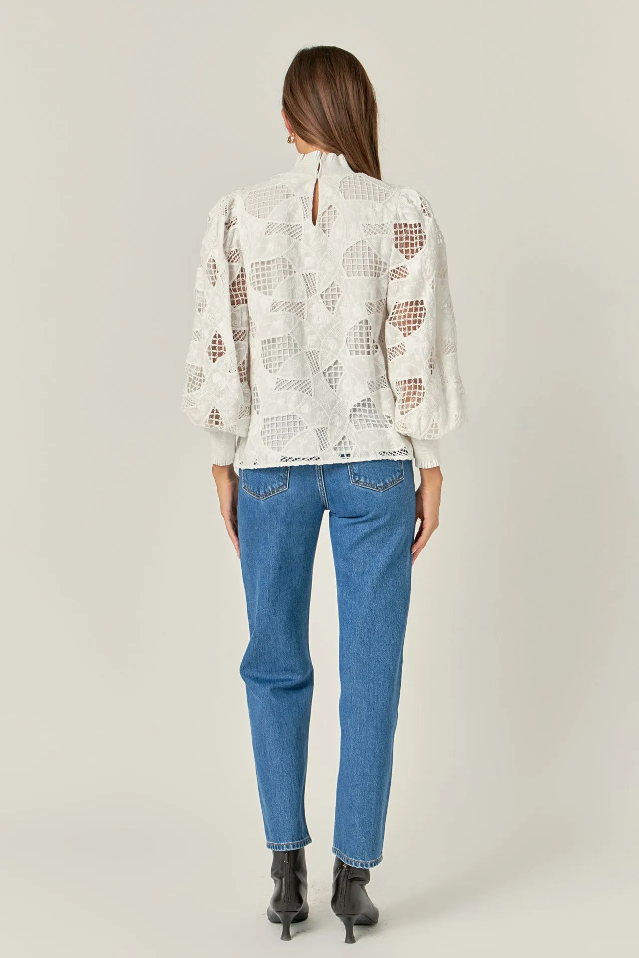 Embroidered Cotton Blouse with Smocked Neck