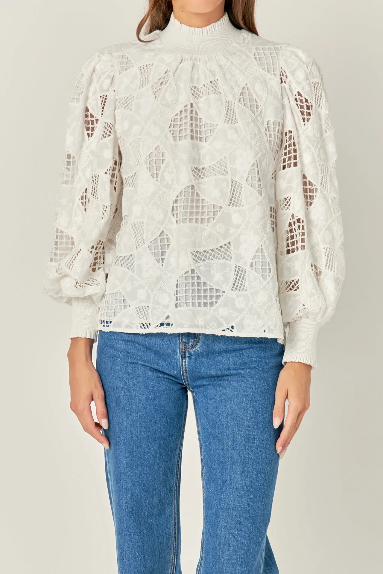 Embroidered Cotton Blouse with Smocked Neck