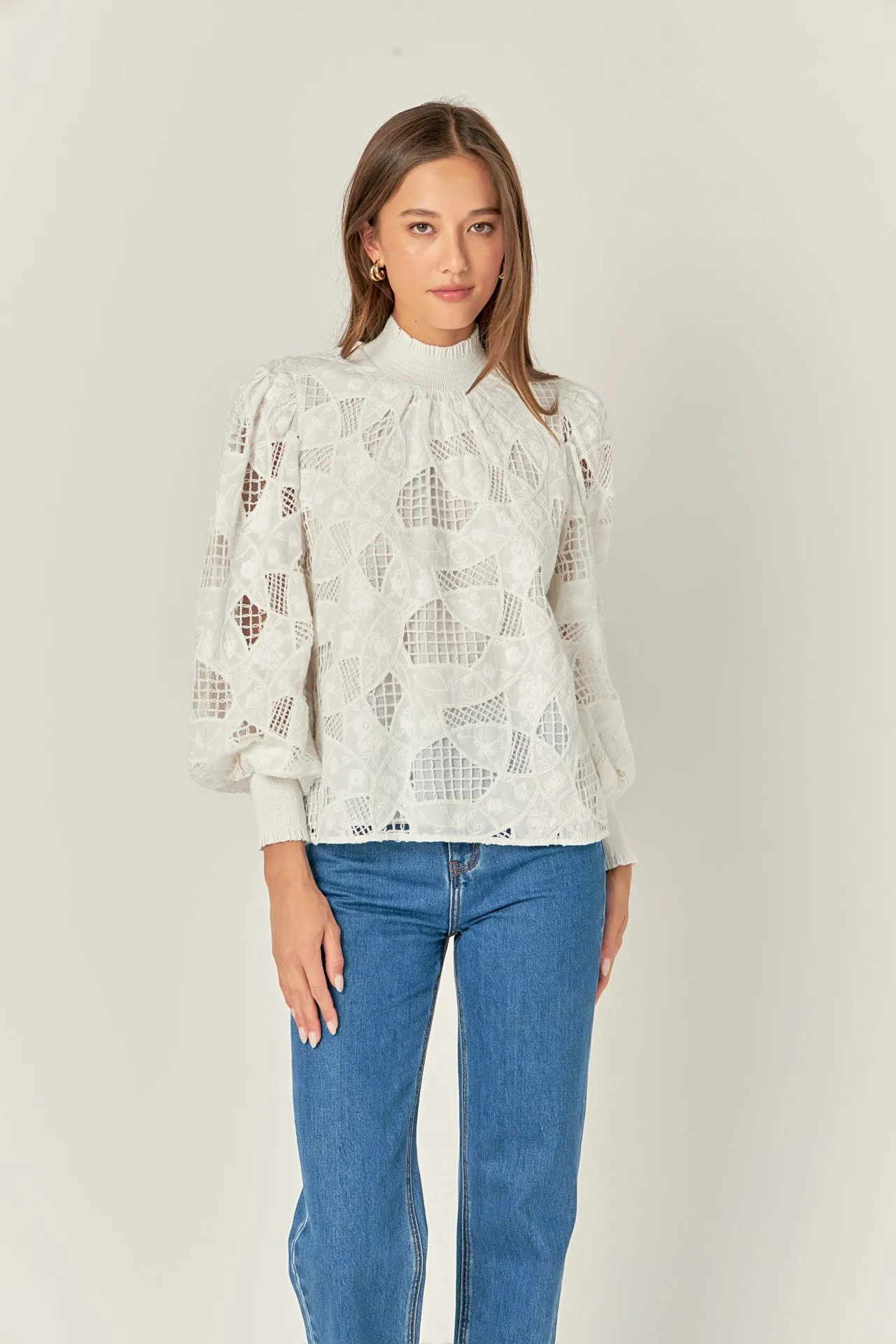 Embroidered Cotton Blouse with Smocked Neck