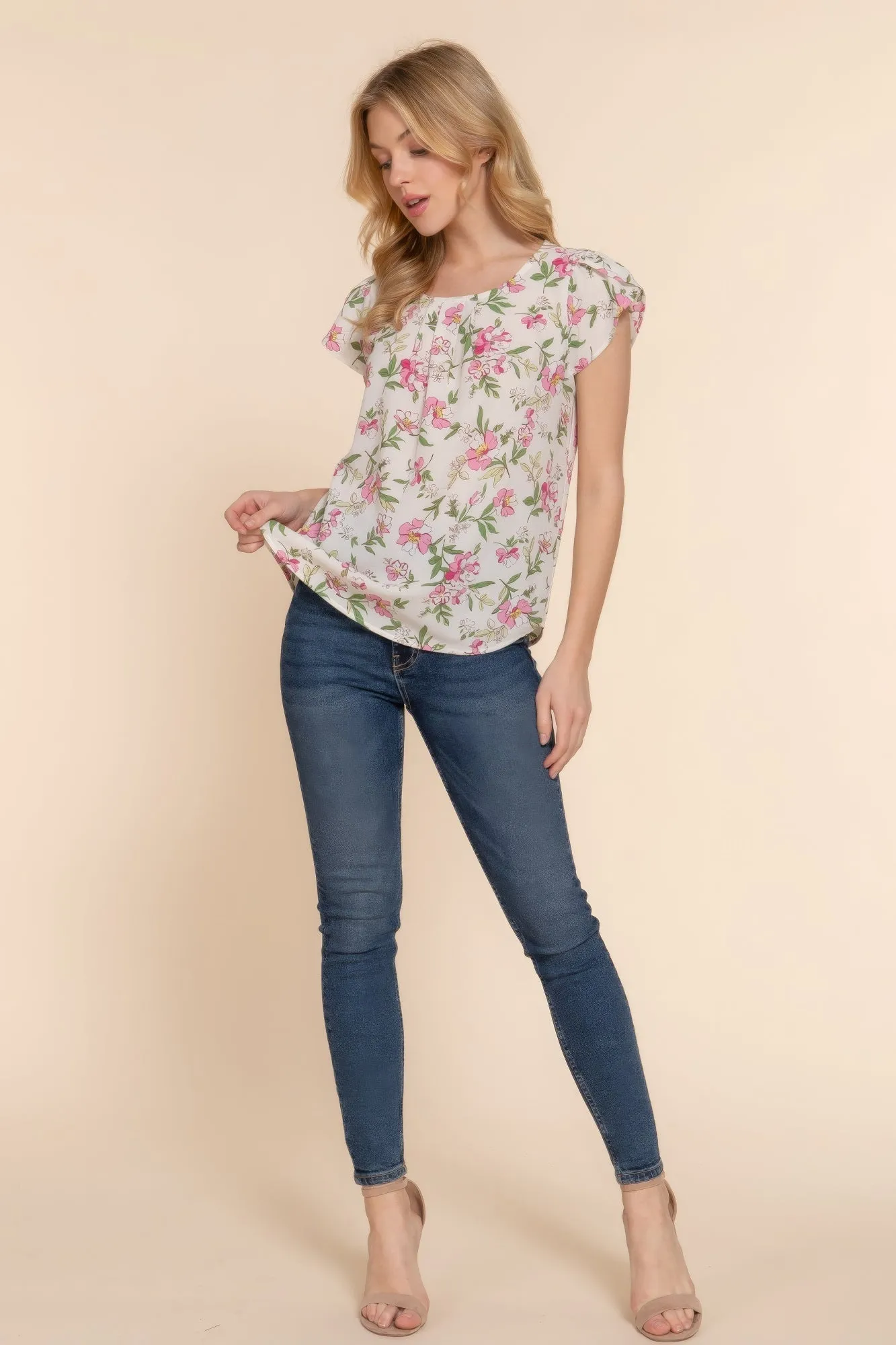 Floral Print Chic Top, Short Tulip Sleeves - Woven Fabric