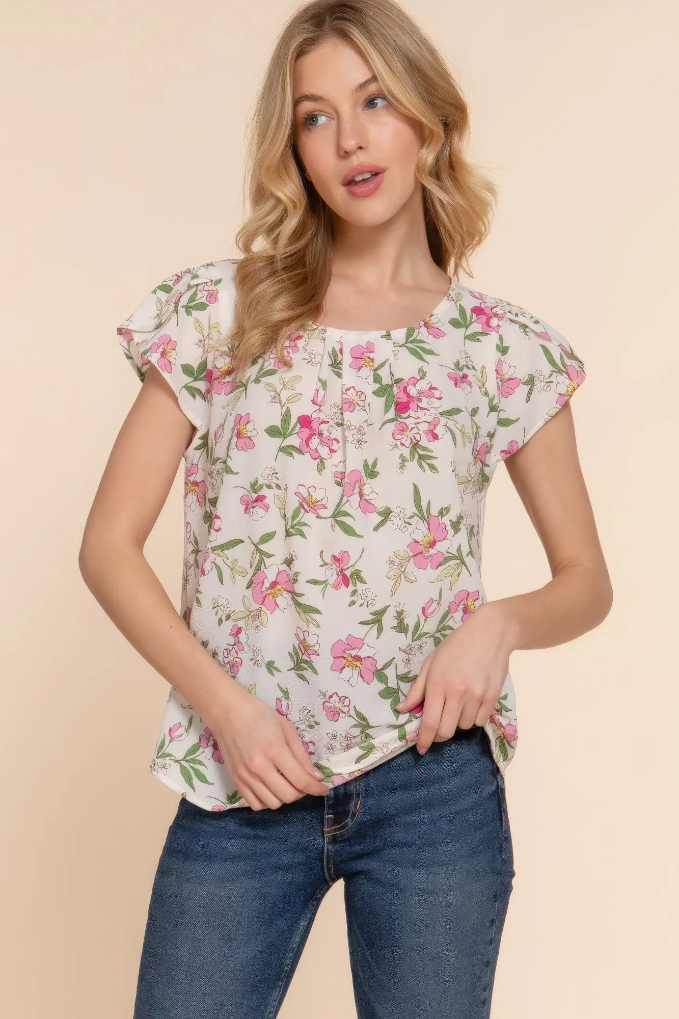 Floral Print Chic Top, Short Tulip Sleeves - Woven Fabric