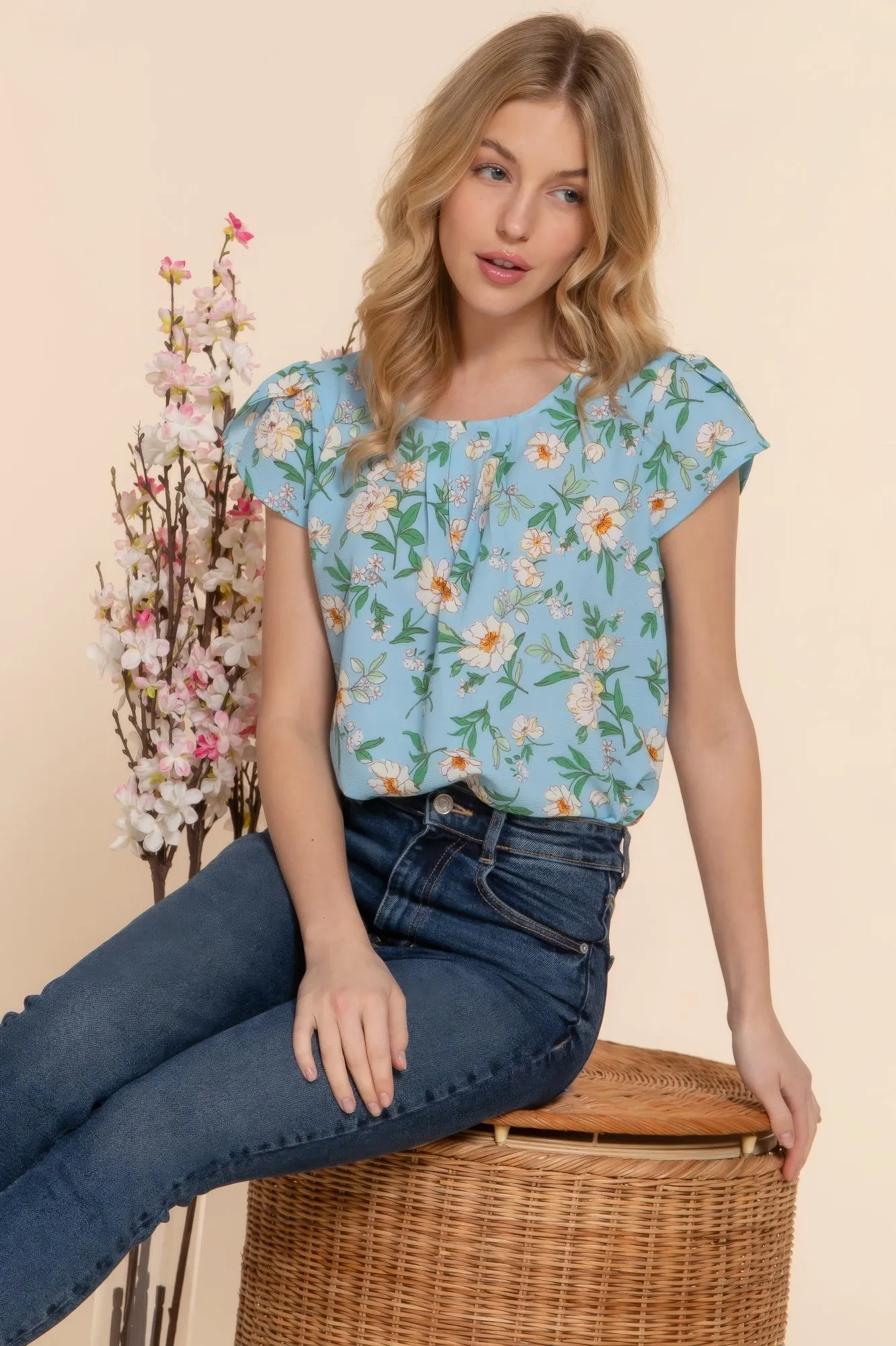 Floral Print Chic Top, Short Tulip Sleeves - Woven Fabric