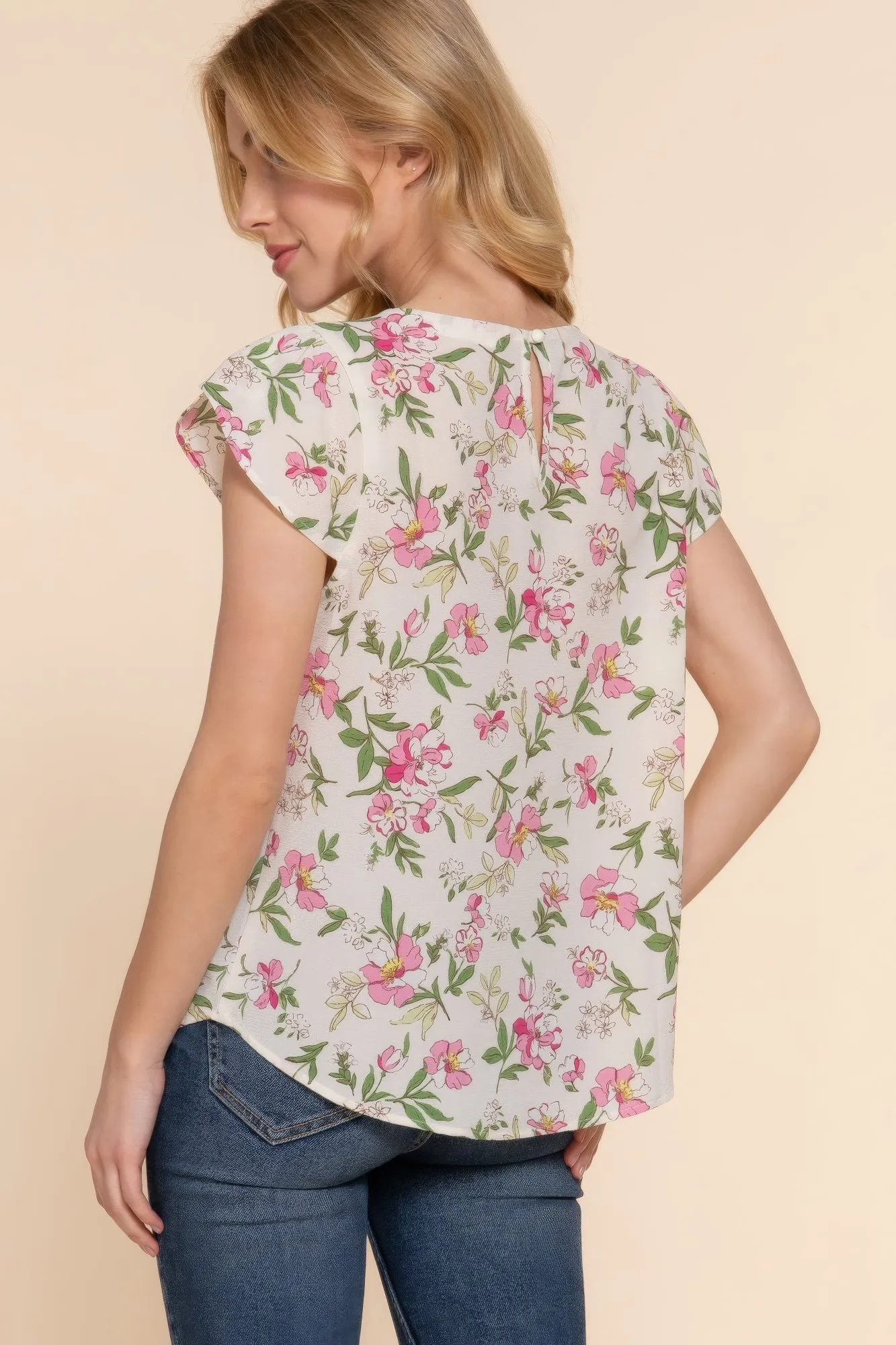 Floral Print Chic Top, Short Tulip Sleeves - Woven Fabric