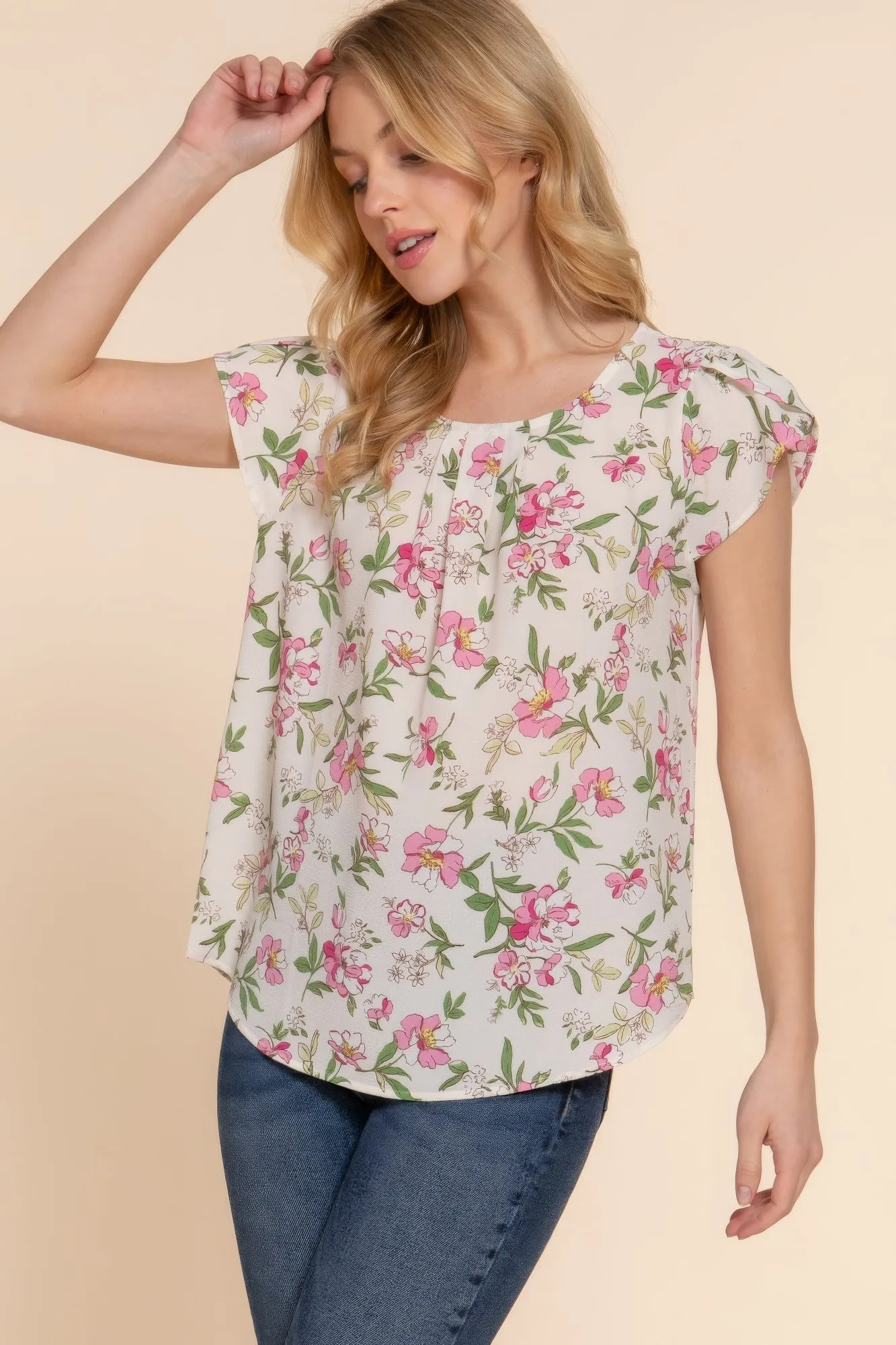 Floral Print Chic Top, Short Tulip Sleeves - Woven Fabric