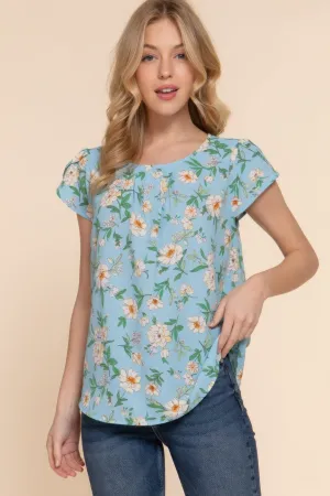 Floral Print Chic Top, Short Tulip Sleeves - Woven Fabric