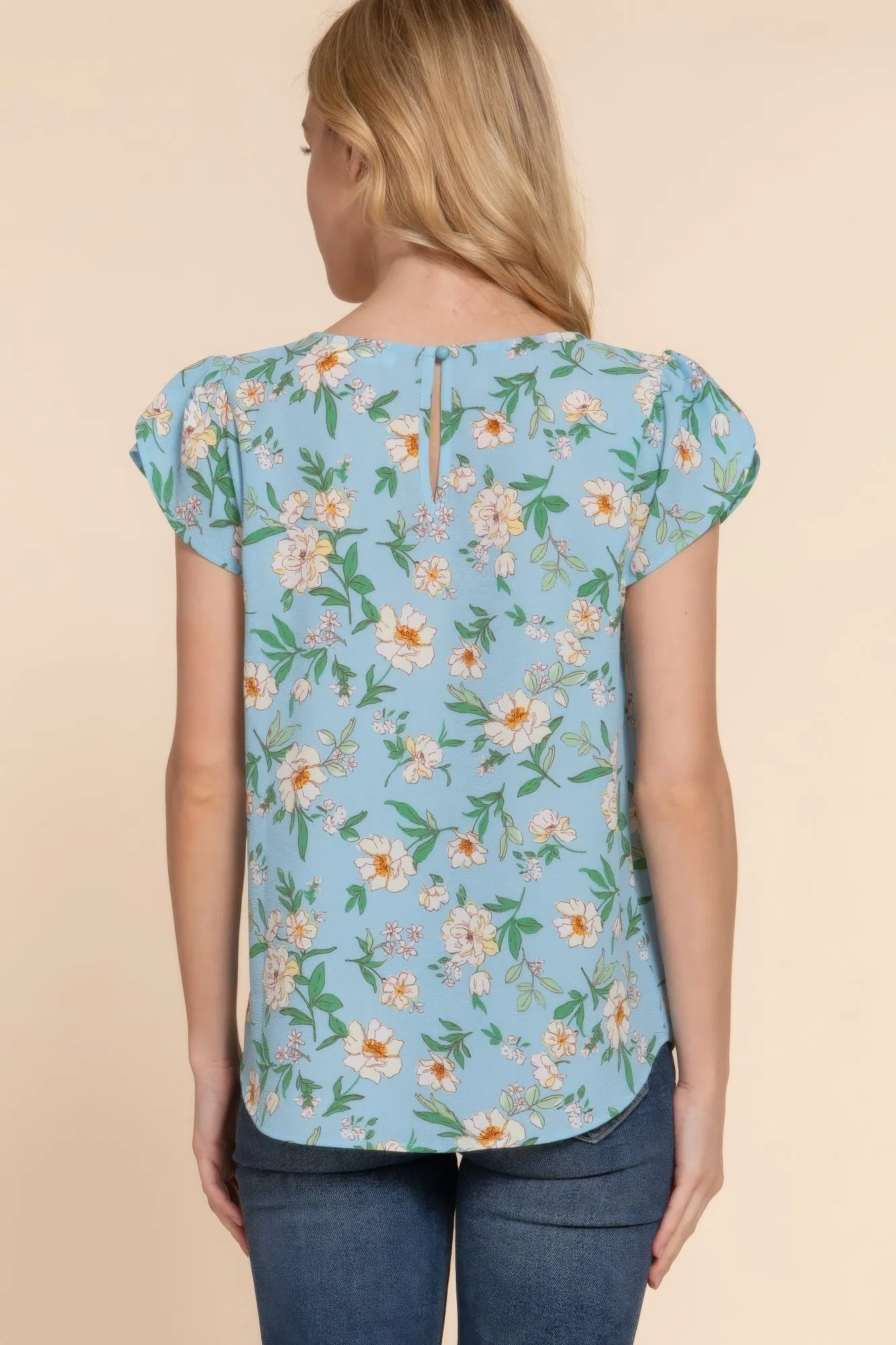 Floral Print Chic Top, Short Tulip Sleeves - Woven Fabric