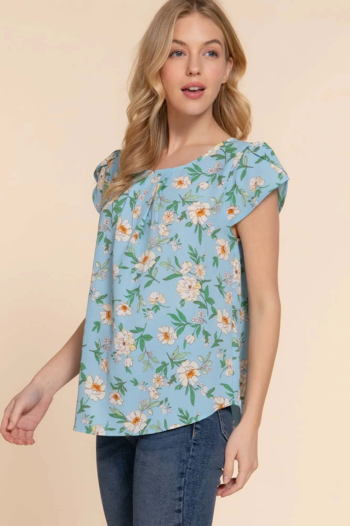 Floral Print Chic Top, Short Tulip Sleeves - Woven Fabric