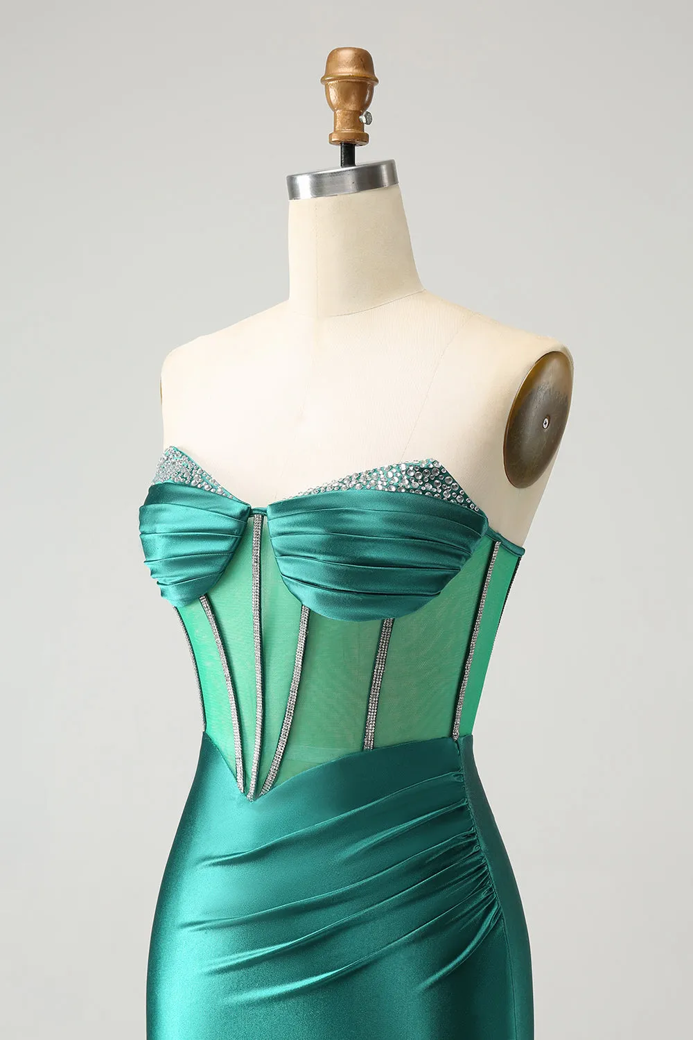 Glitter Dark Green Strapless Corset Tight Mini Dress with Beading