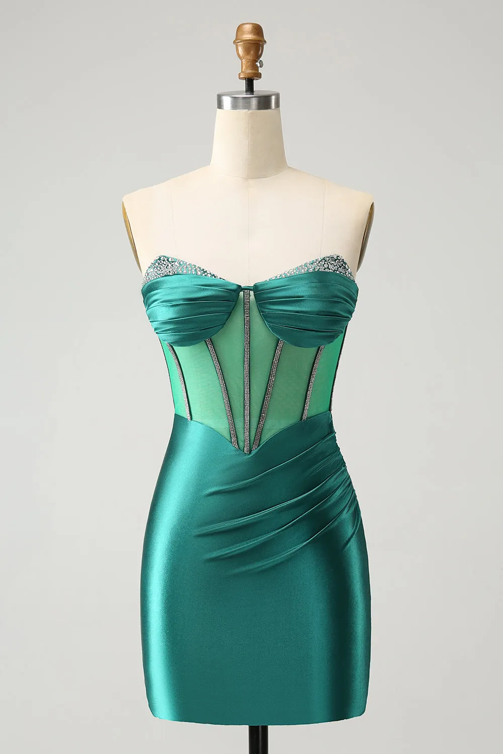 Glitter Dark Green Strapless Corset Tight Mini Dress with Beading