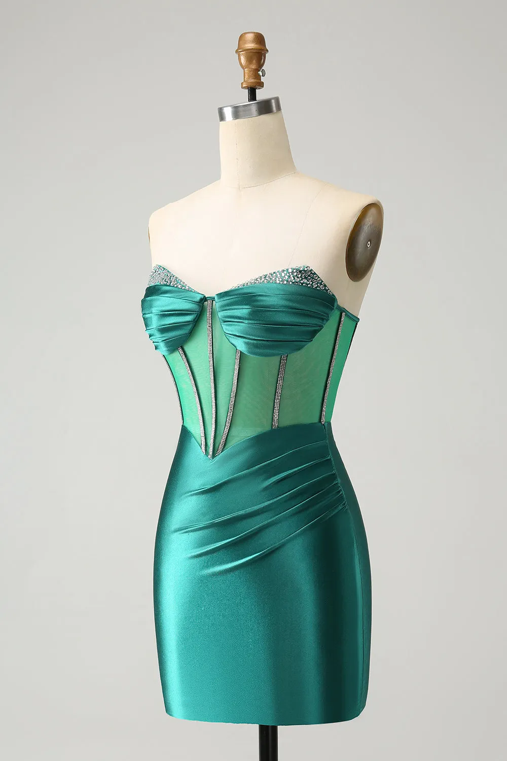 Glitter Dark Green Strapless Corset Tight Mini Dress with Beading