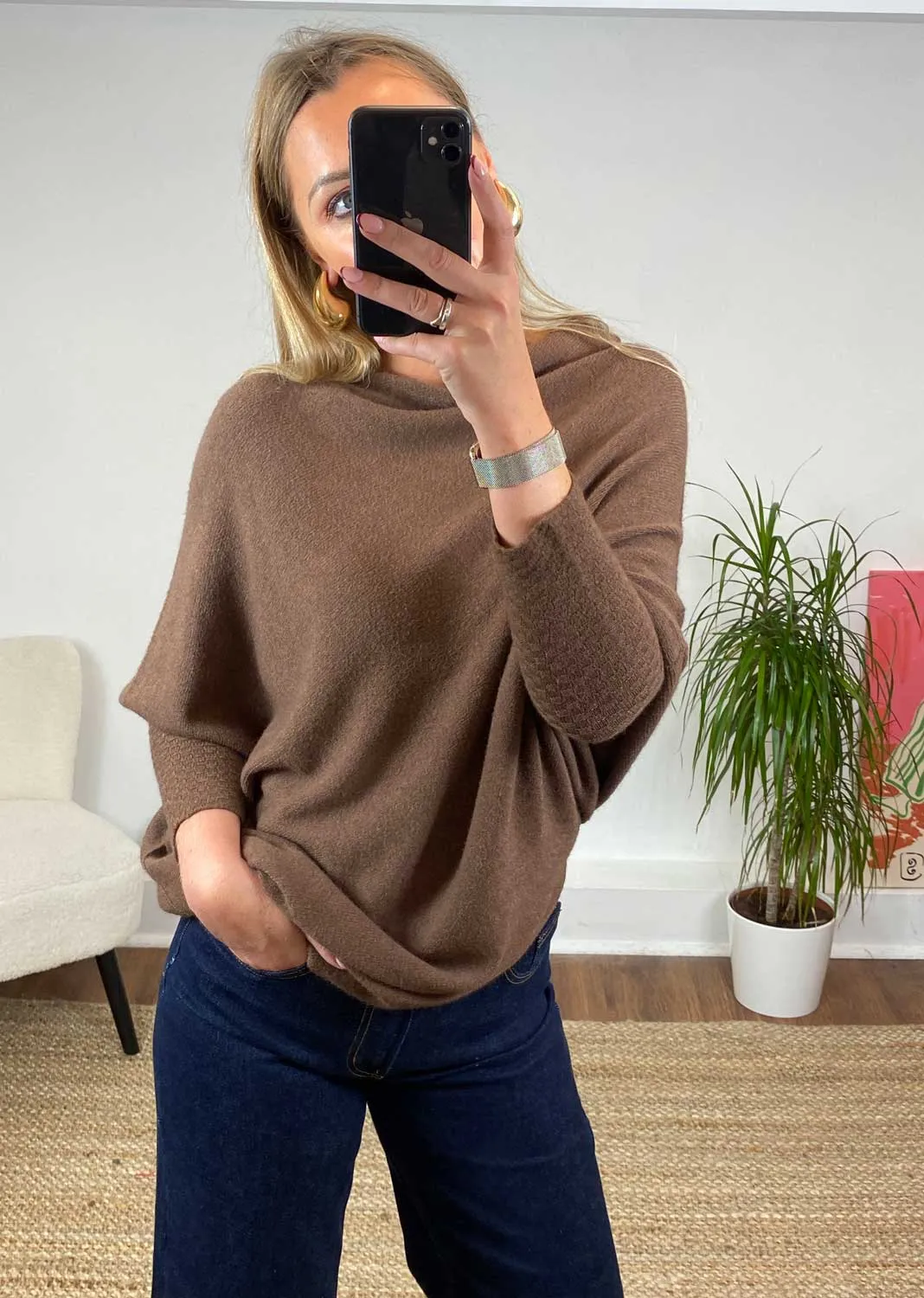 Grace  Asymmetric Knit Jumper in Chocolate Brown