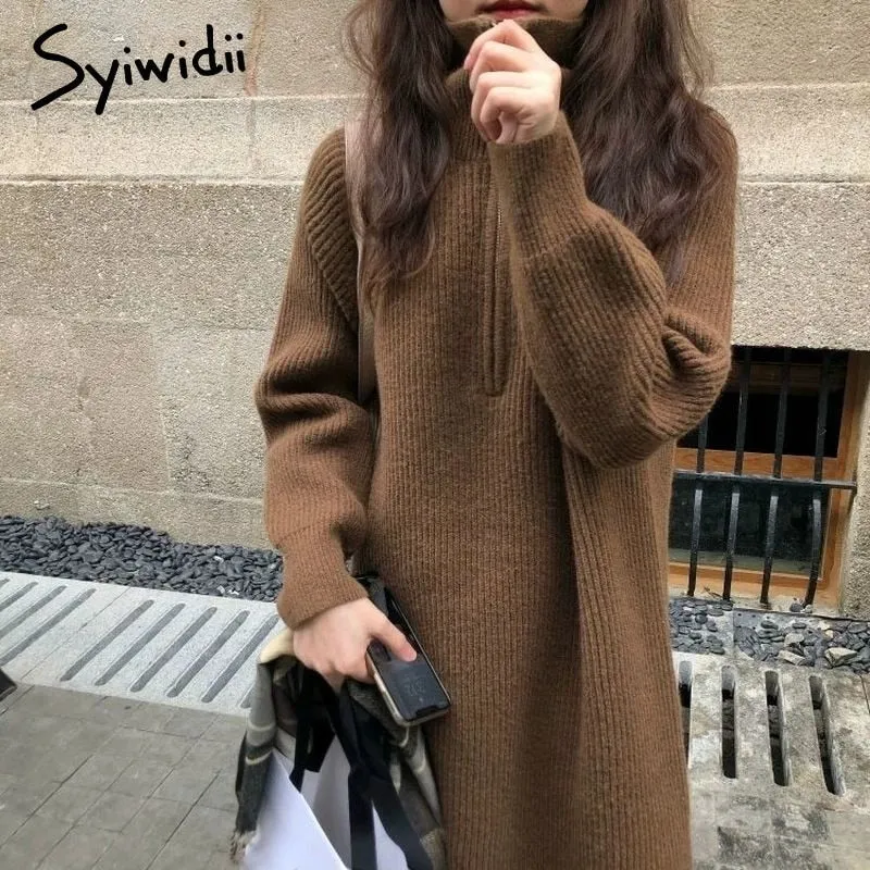 Joskaa Autumn Winter Midi Dress Woman 2024 Warm Turtleneck Thicken Vintage Long Oversize Sweaters Dresses Casual Knitted Dress