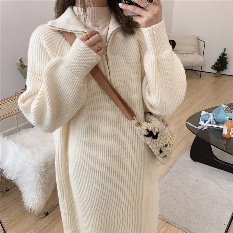 Joskaa Autumn Winter Midi Dress Woman 2024 Warm Turtleneck Thicken Vintage Long Oversize Sweaters Dresses Casual Knitted Dress