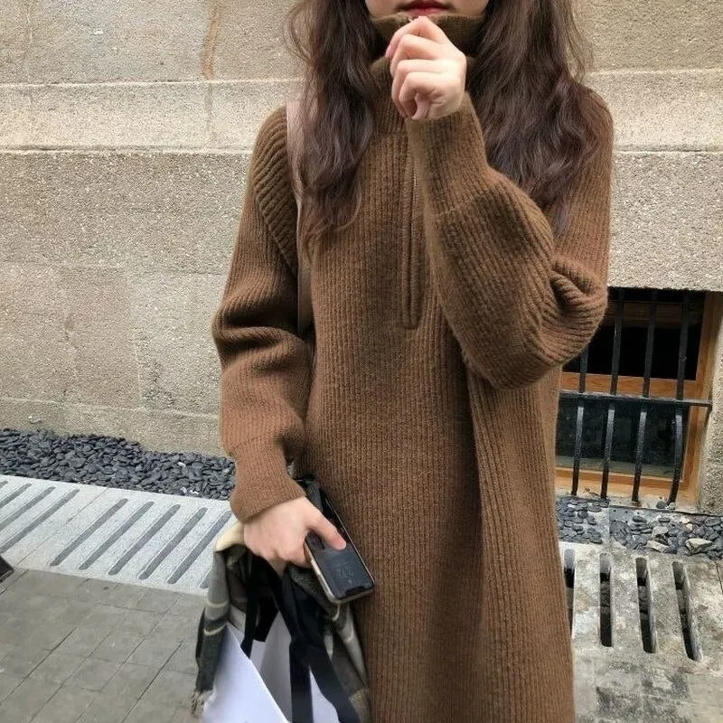 Joskaa Autumn Winter Midi Dress Woman 2024 Warm Turtleneck Thicken Vintage Long Oversize Sweaters Dresses Casual Knitted Dress