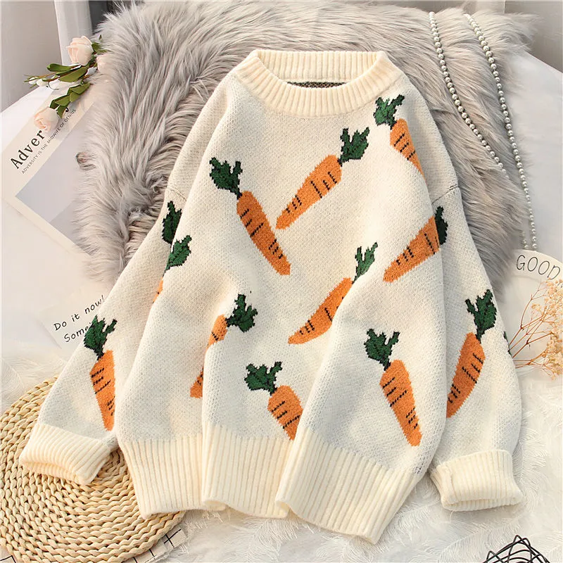 Joskaa Christmas Gift EBAIHUI Knitted Sweater Women Carrot Pattern Long Sleeve Pullover Loose High-necked Blue Yellow Sweater Autumn Winter 2020