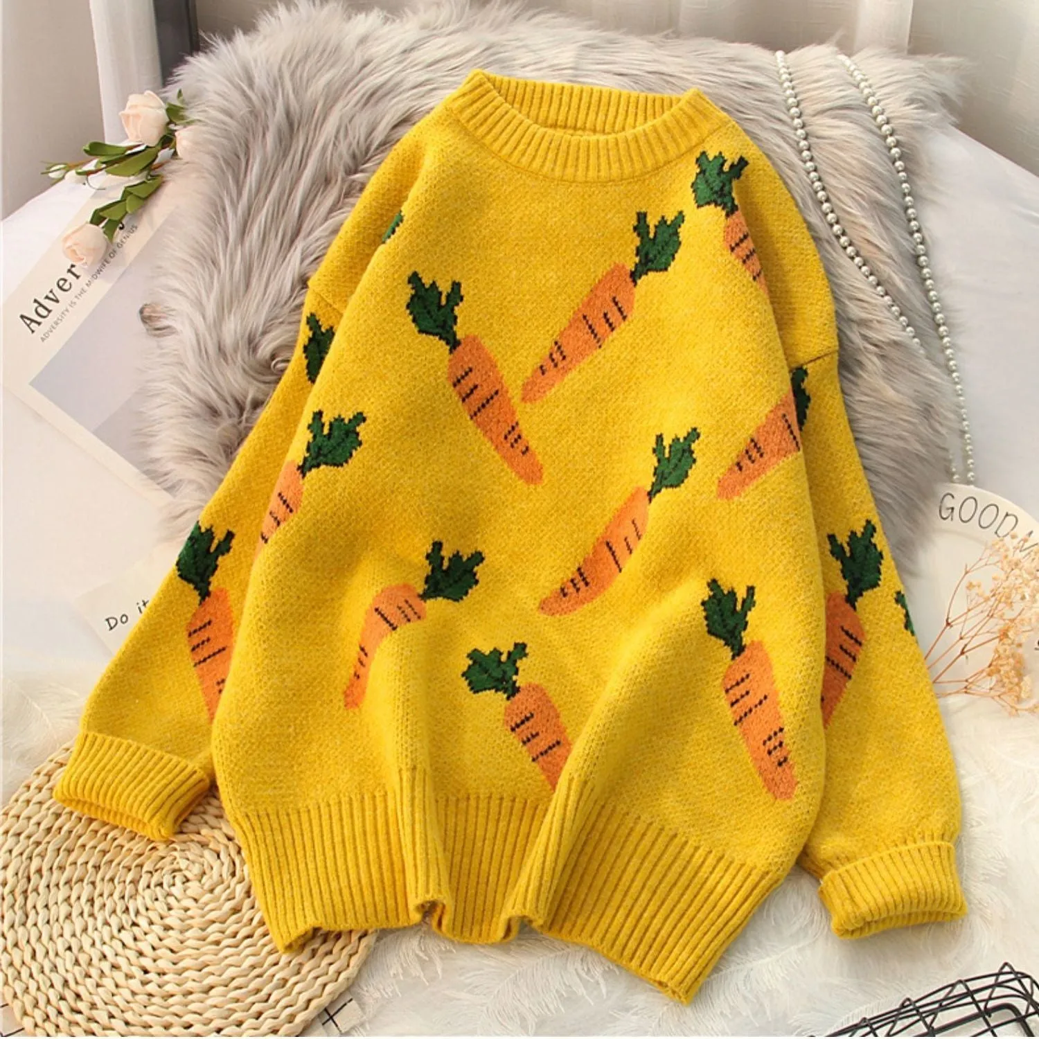 Joskaa Christmas Gift EBAIHUI Knitted Sweater Women Carrot Pattern Long Sleeve Pullover Loose High-necked Blue Yellow Sweater Autumn Winter 2020