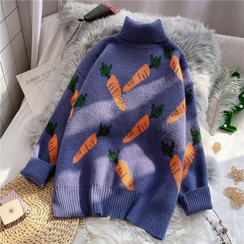 Joskaa Christmas Gift EBAIHUI Knitted Sweater Women Carrot Pattern Long Sleeve Pullover Loose High-necked Blue Yellow Sweater Autumn Winter 2020