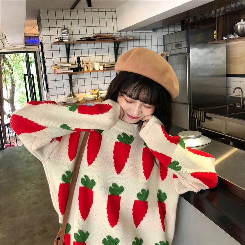 Joskaa Christmas Gift Women Sweaters Carrots Printed Pullovers O-neck Knitted Jumpers Cute Lovely Thicken Students Streetwear Korean Style Slim Soft