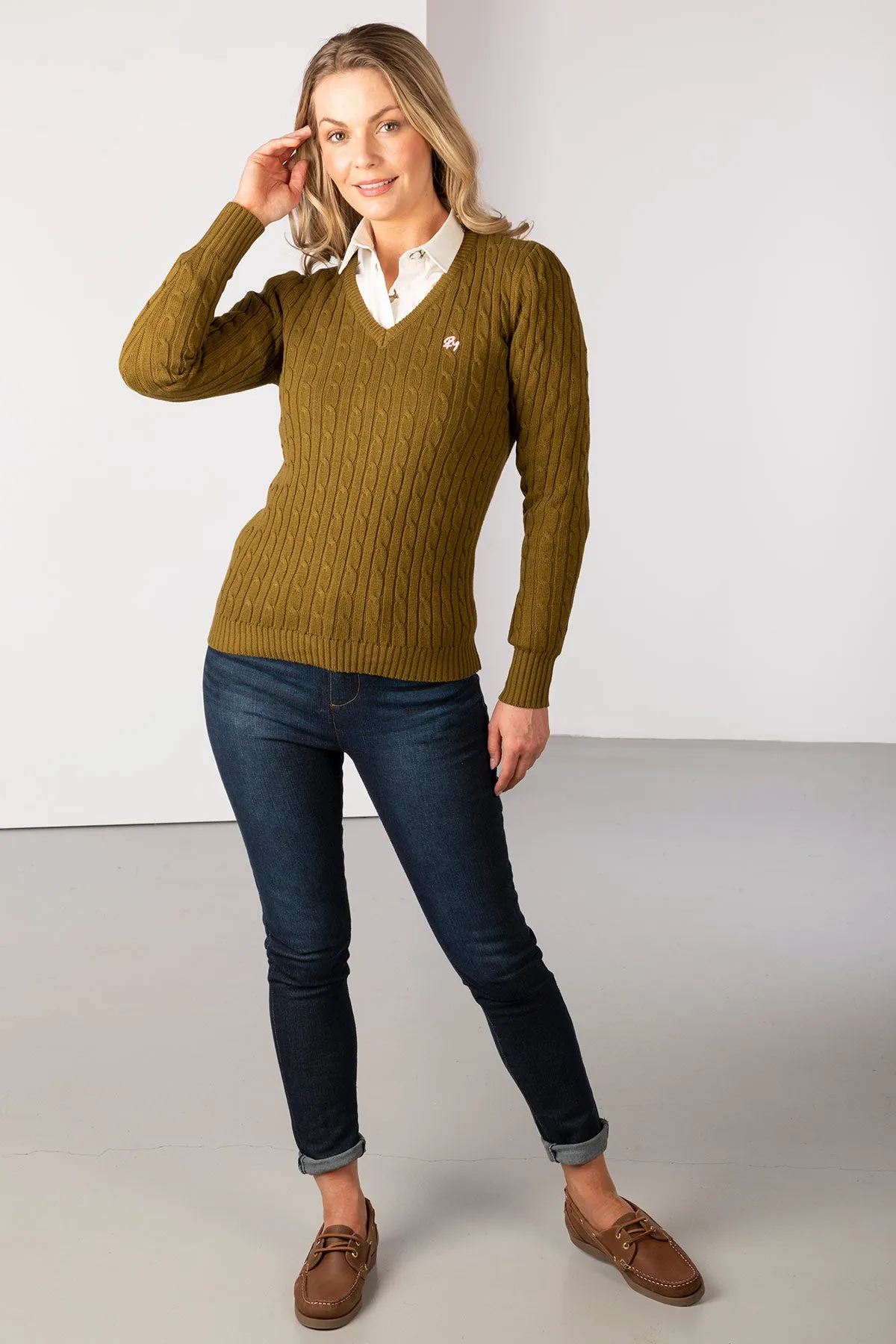 Ladies V Neck Cable Knit Jumper - Emma