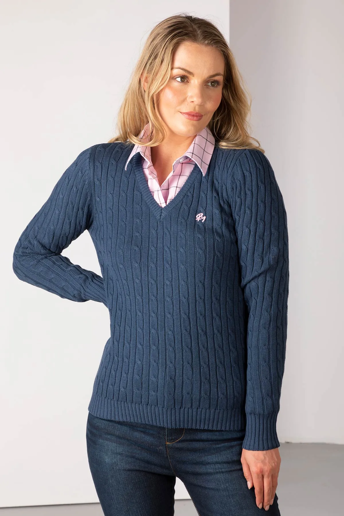 Ladies V Neck Cable Knit Jumper - Emma