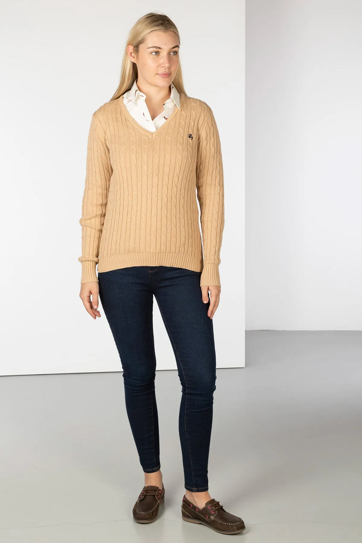 Ladies V Neck Cable Knit Jumper - Emma