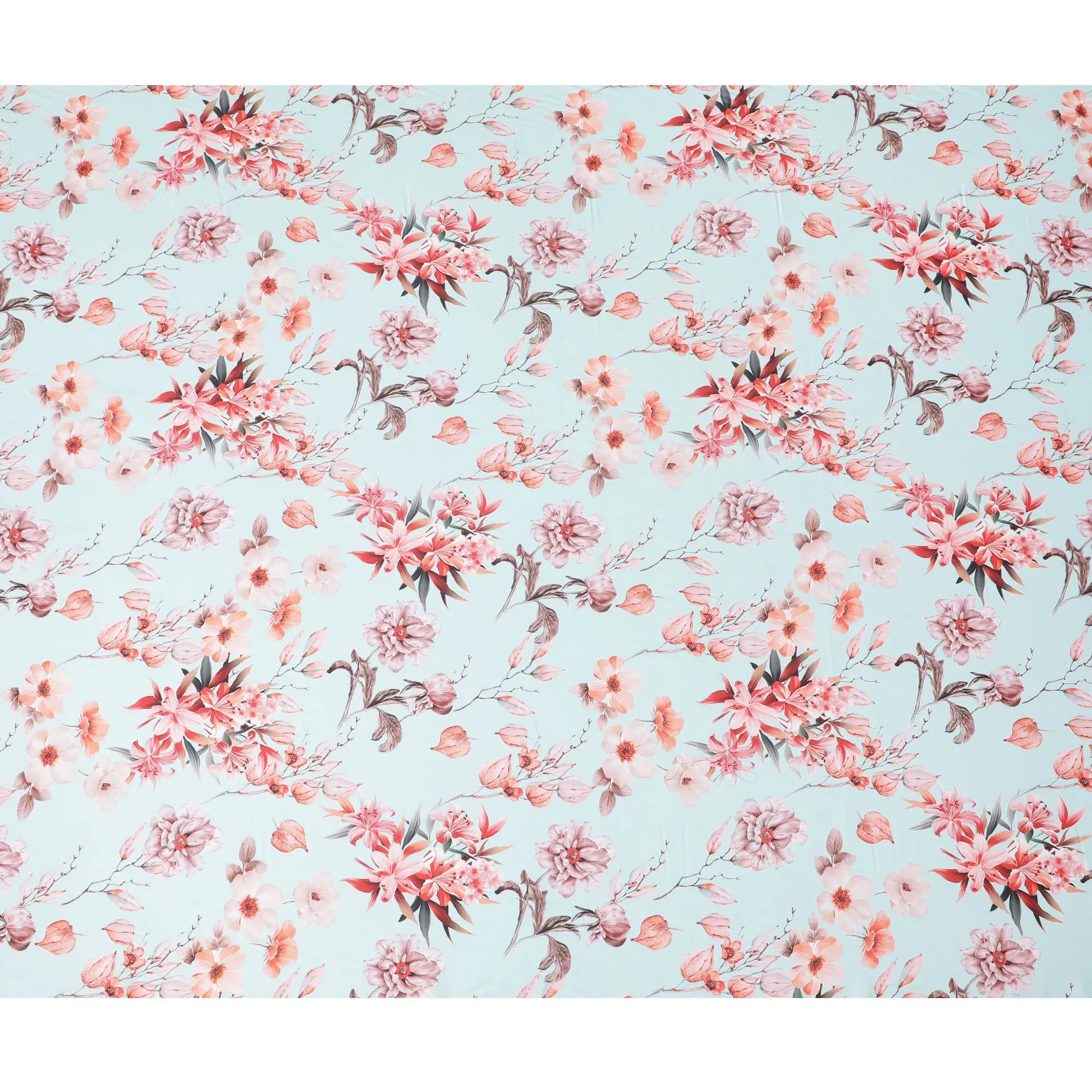 Light Blue Floral Synthetic Modal Satin Fabric - Elegant Blossom Print, 110cm - Shop Online-D17971