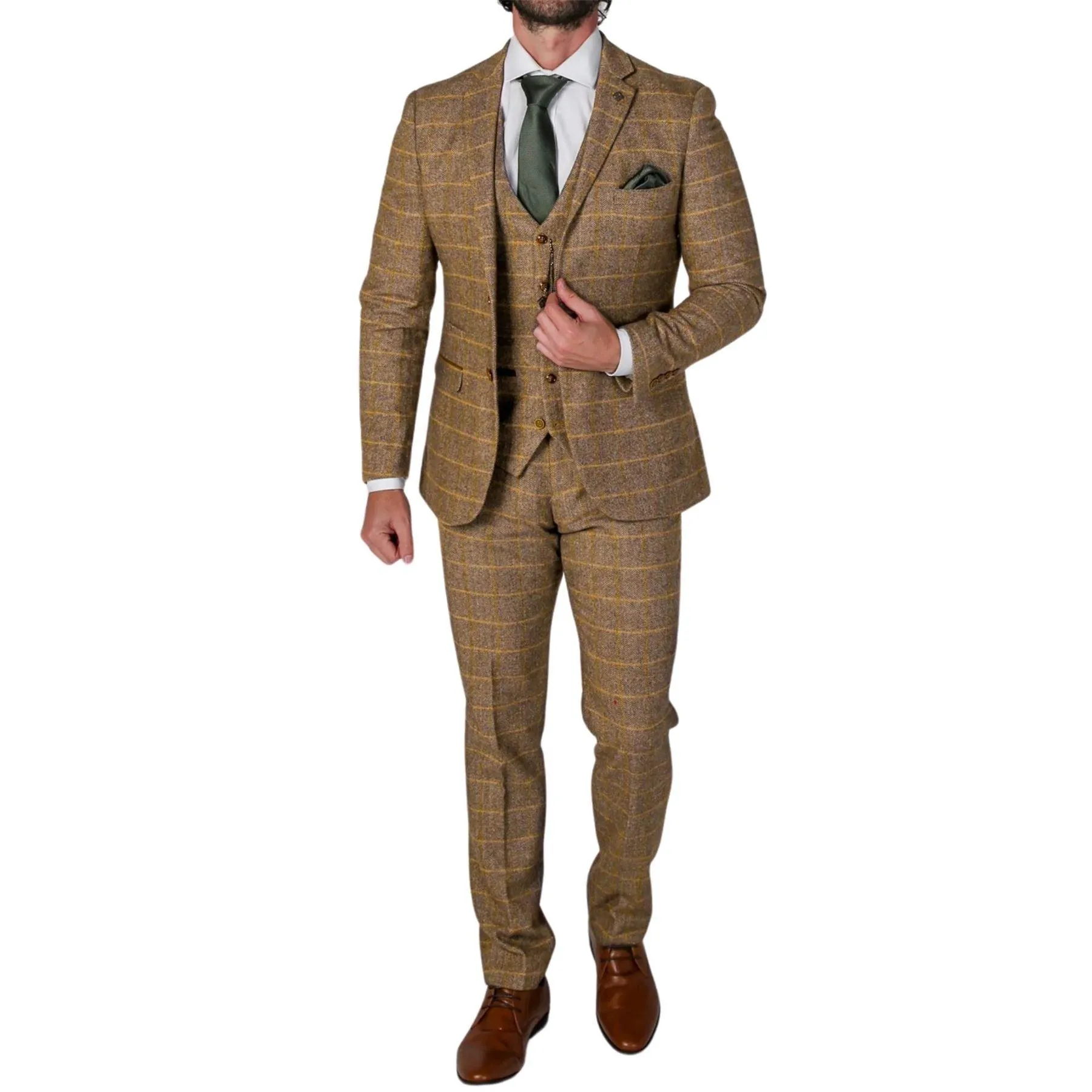 Men's Brown Suit Tweed Herringbone 3 Piece Wool Blend Formal Dress Suits