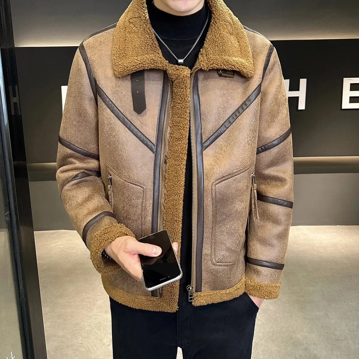 Men's Lamb Fur Lapel Leather Jacket – Thickened Motorcycle-Style Fur Coat