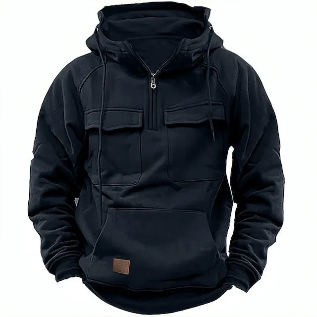 Men's Tactical Hoodie, Quarter Zip Hooded Sweatshirt, Long Sleeve, Casual Streetwear for Sports, Outdoor, Daily Wear - Spring & Fall