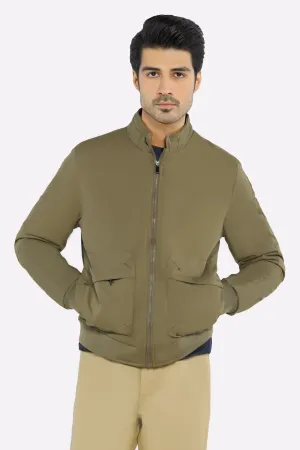 Men’s Stand Collar Multi-Pockets Olive Jacket