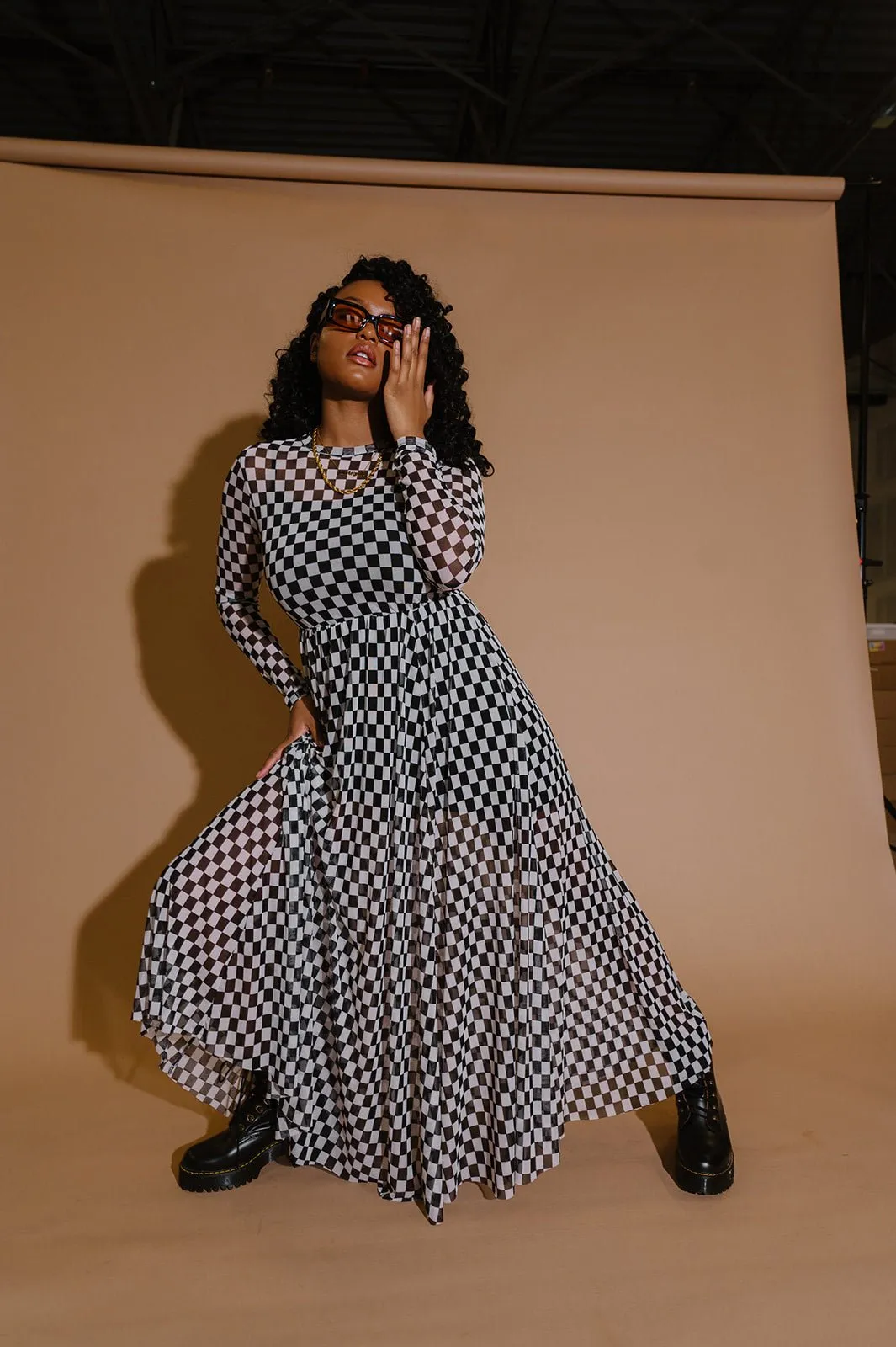 More You Mesh Maxi Dress in Black   White Checkerboard