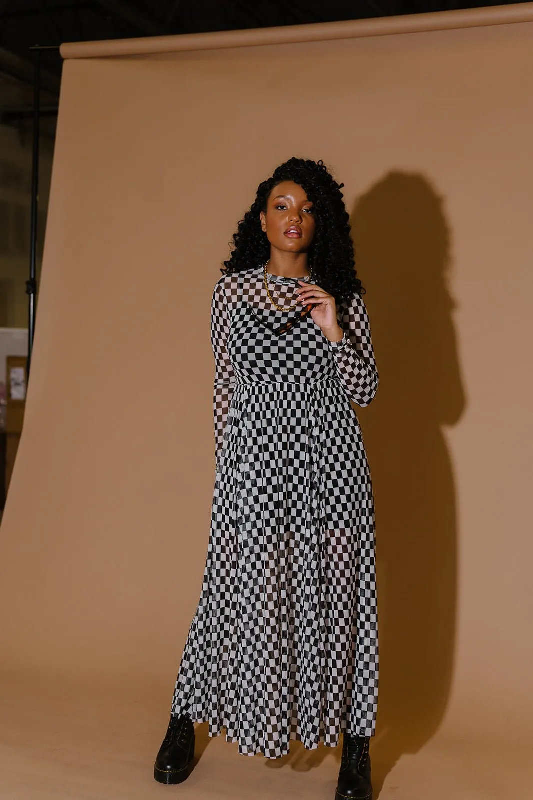 More You Mesh Maxi Dress in Black   White Checkerboard